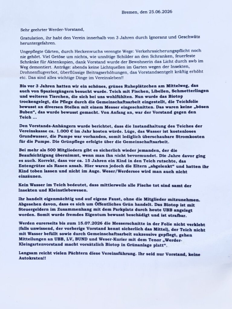 anonymer Brief, Juli 2026